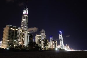 Surfers Paradise beach at night with all the sky skyscraper, Gold Coast, Queensland, Australia.